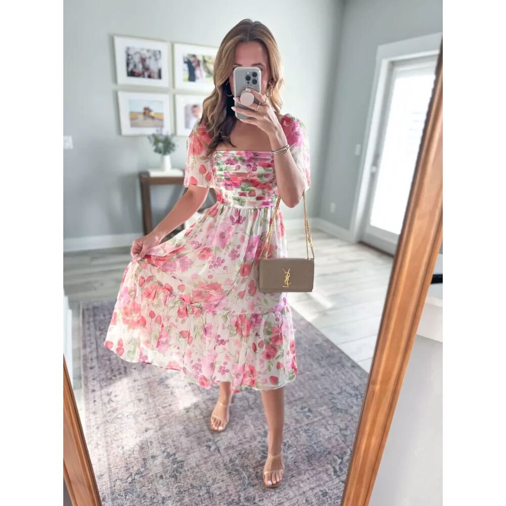 Abercrombie & Fitch Emerson Strawberry Floral Tiered Angle Sleeve Midi Dress XS